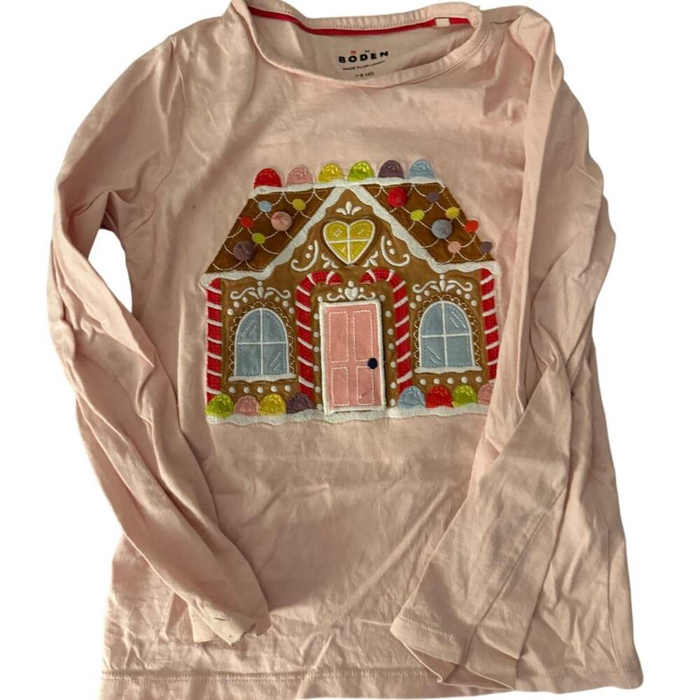 Mini Boden pink gingerbread house applique shirt size 7/8